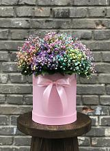 Цветочная композиция из Гипсофила и Розы в шляпной коробке в Приозерске