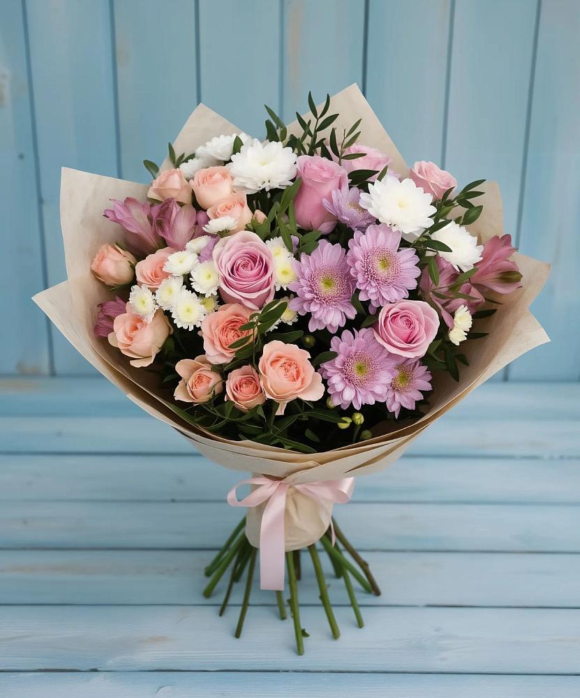 Букет цветов из: Хризантемы, Розы и Альстромерии в Приозерске